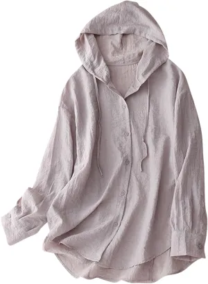 Summer Cotton Linen Button Hooded Long Sleeve Sun Shirts for Women Casual Loose Breathable Trendy UV Hiking Outwear