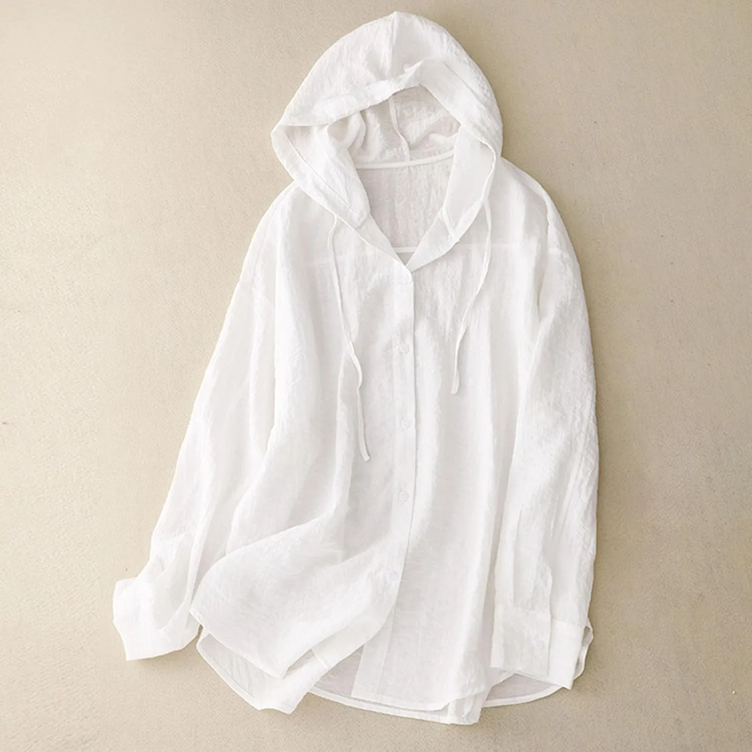 Summer Cotton Linen Button Hooded Long Sleeve Sun Shirts for Women Casual Loose Breathable Trendy UV Hiking Outwear