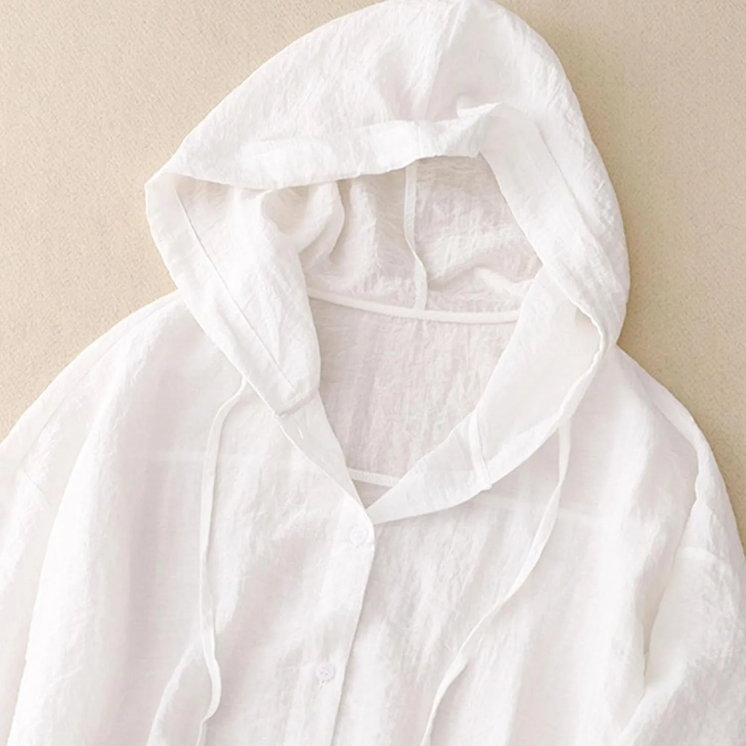 Summer Cotton Linen Button Hooded Long Sleeve Sun Shirts for Women Casual Loose Breathable Trendy UV Hiking Outwear