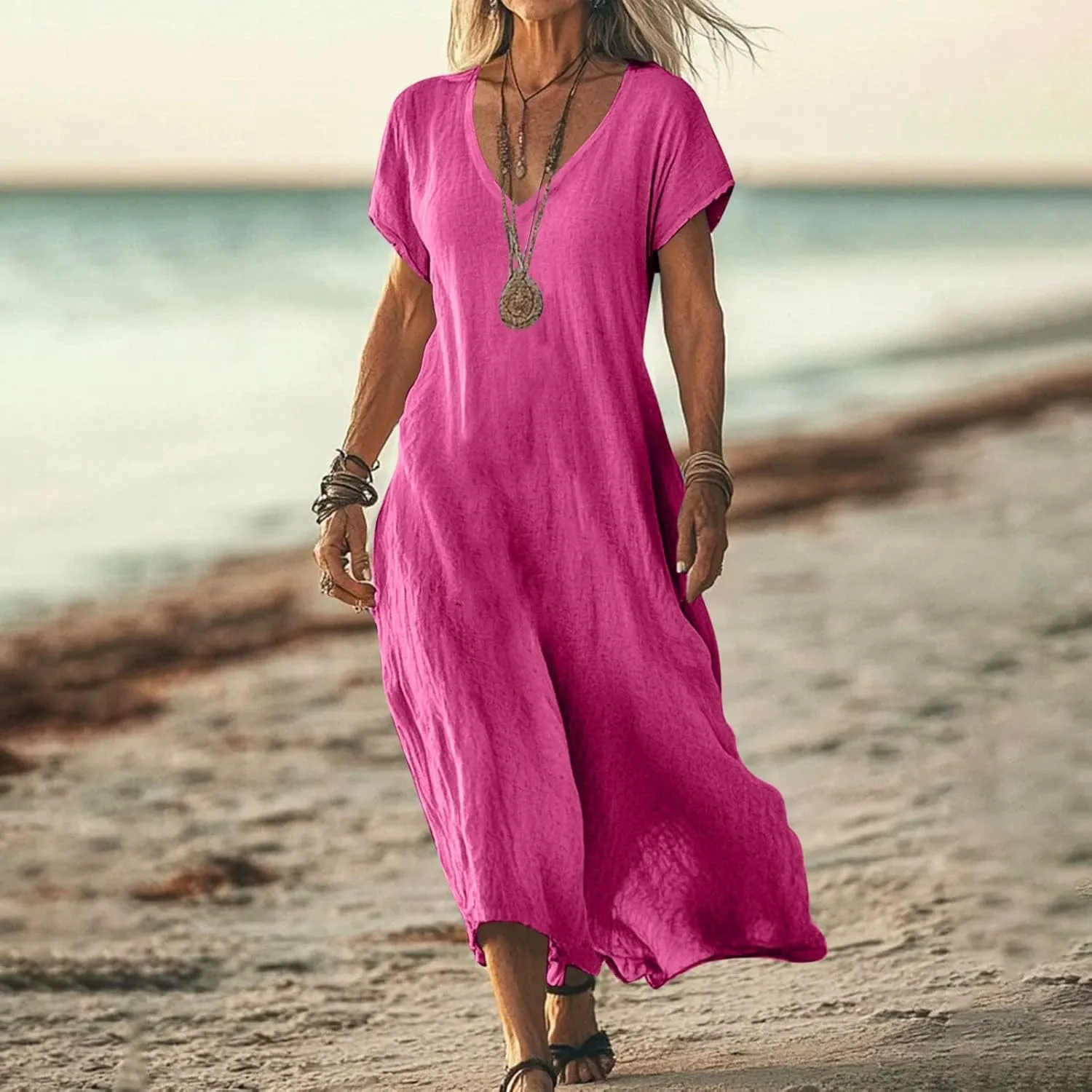 Summer Dresses for Women Casual Flowy Plus Size V-Neck Short Sleeve Long Maxi Dress Beach Vacation Clothing