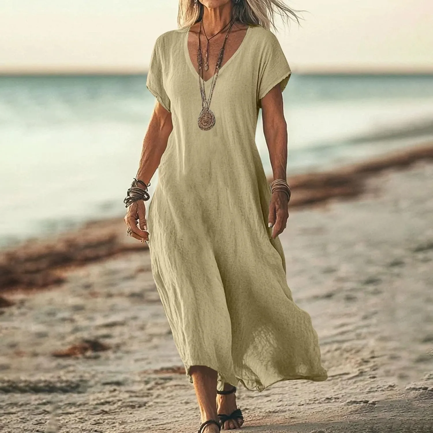 Summer Dresses for Women Casual Flowy Plus Size V-Neck Short Sleeve Long Maxi Dress Beach Vacation Clothing