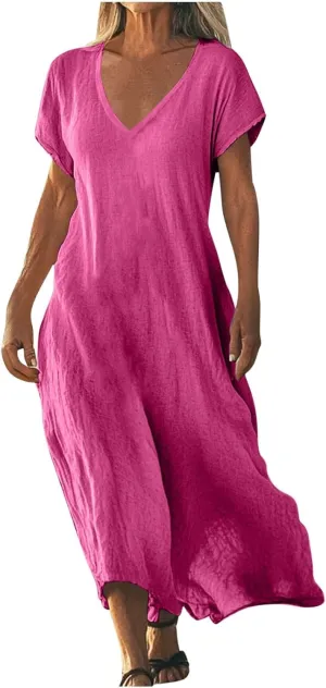 Summer Dresses for Women Casual Flowy Plus Size V-Neck Short Sleeve Long Maxi Dress Beach Vacation Clothing