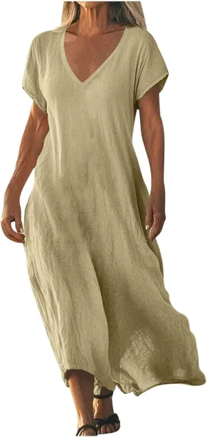 Summer Dresses for Women Casual Flowy Plus Size V-Neck Short Sleeve Long Maxi Dress Beach Vacation Clothing