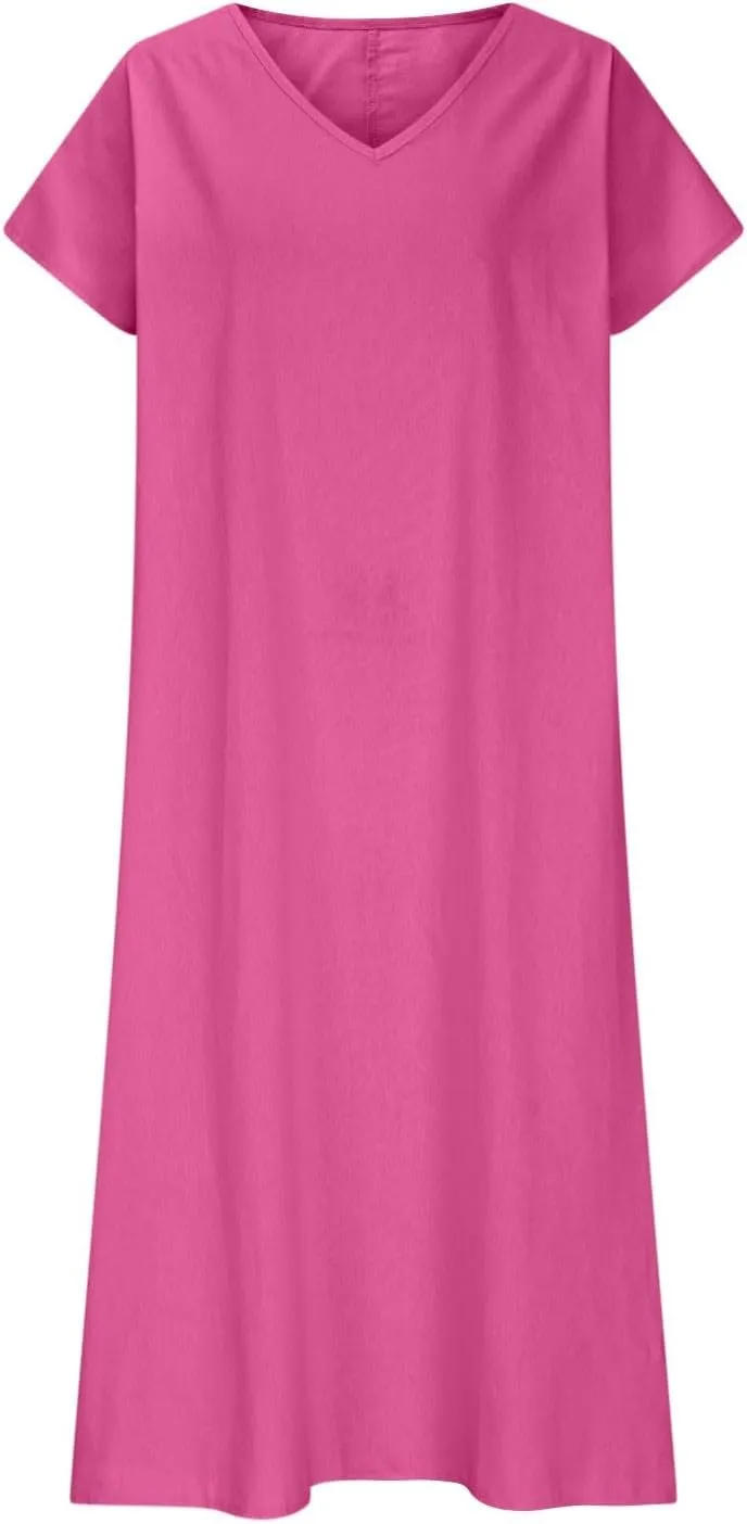 Summer Dresses for Women Casual Flowy Plus Size V-Neck Short Sleeve Long Maxi Dress Beach Vacation Clothing