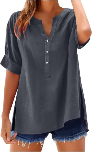 Summer Linen Tops for Women Trendy 2025 Roll Up Short Sleeve Button V Neck Tunic Shirts Oversized Plus Size Blouses