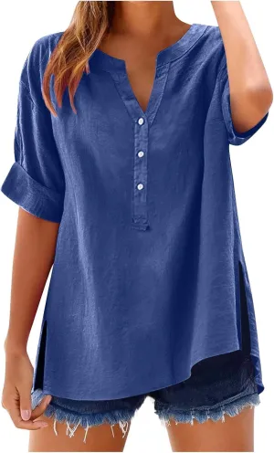 Summer Linen Tops for Women Trendy 2025 Roll Up Short Sleeve Button V Neck Tunic Shirts Oversized Plus Size Blouses
