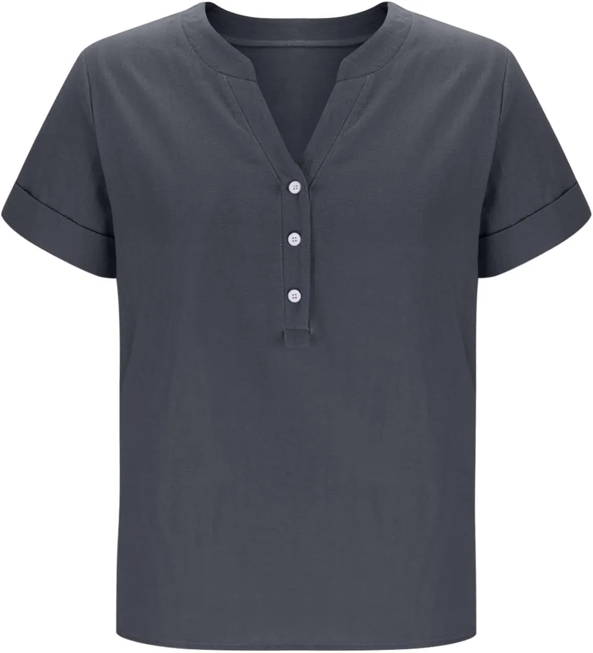 Summer Linen Tops for Women Trendy 2025 Roll Up Short Sleeve Button V Neck Tunic Shirts Oversized Plus Size Blouses