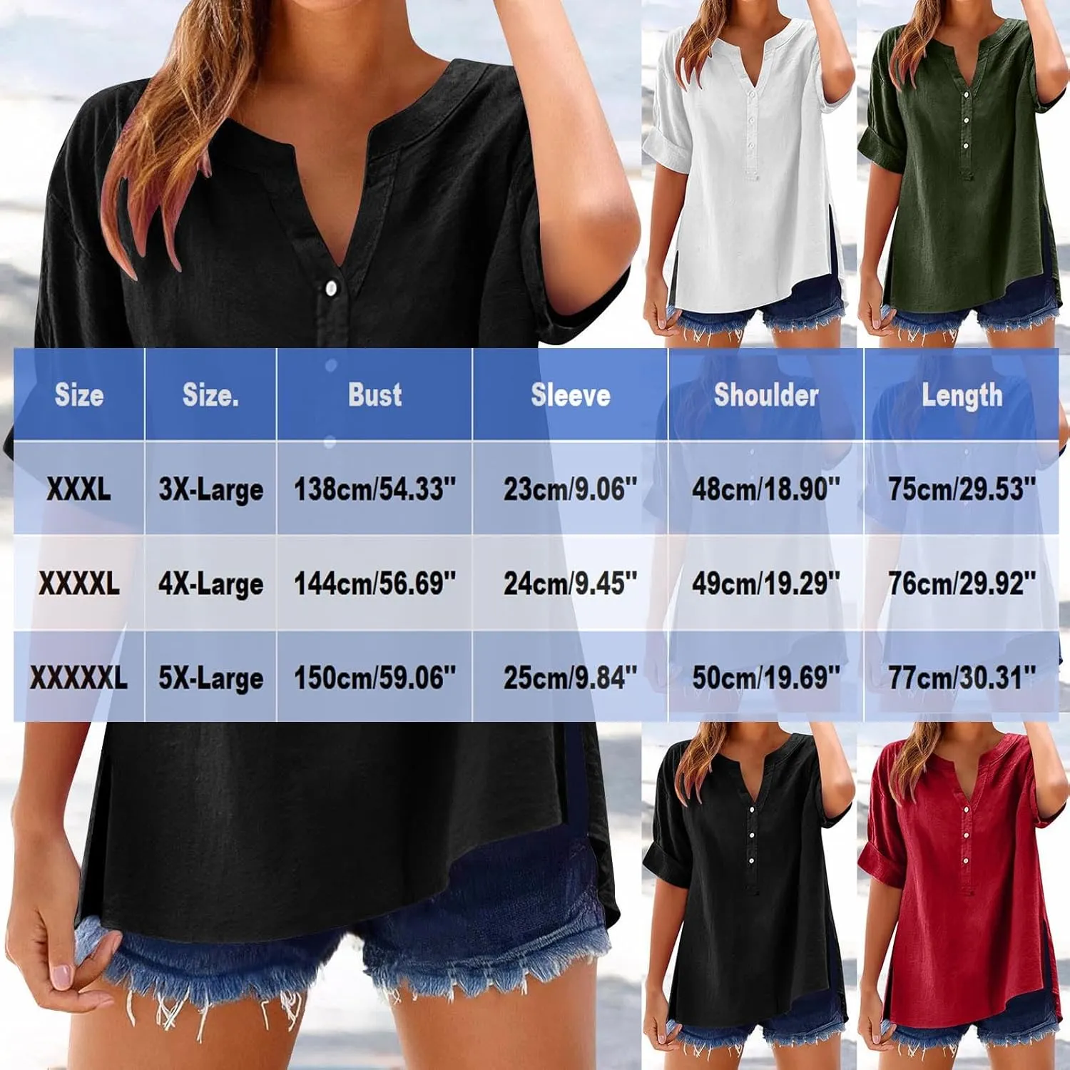 Summer Linen Tops for Women Trendy 2025 Roll Up Short Sleeve Button V Neck Tunic Shirts Oversized Plus Size Blouses