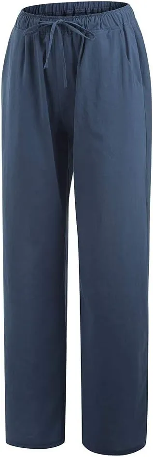 Summer Pants for Women Casual 2024 Summer Drawstring Elastic High Waist Linen Pant Straight Wide Leg Cropped Trousers