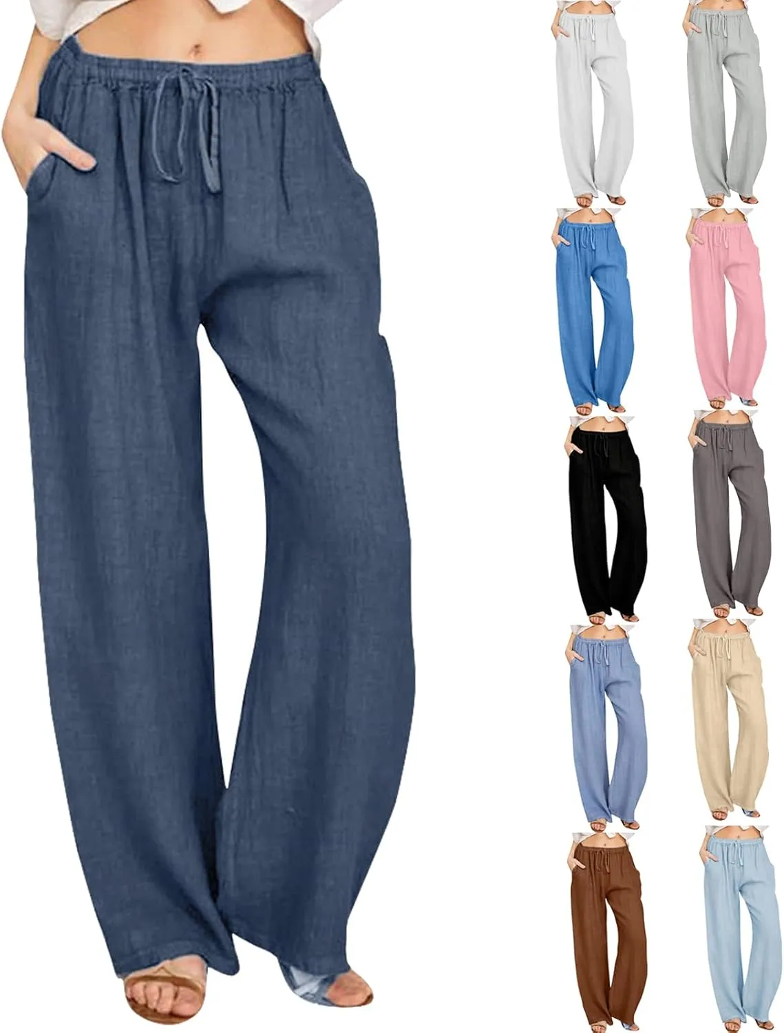 Summer Pants for Women Casual 2024 Summer Drawstring Elastic High Waist Linen Pant Straight Wide Leg Cropped Trousers