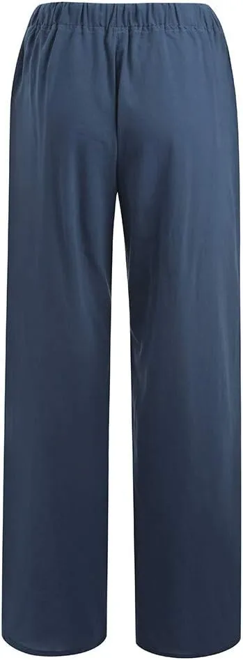 Summer Pants for Women Casual 2024 Summer Drawstring Elastic High Waist Linen Pant Straight Wide Leg Cropped Trousers