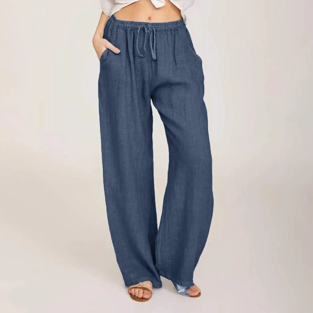 Summer Pants for Women Casual 2024 Summer Drawstring Elastic High Waist Linen Pant Straight Wide Leg Cropped Trousers