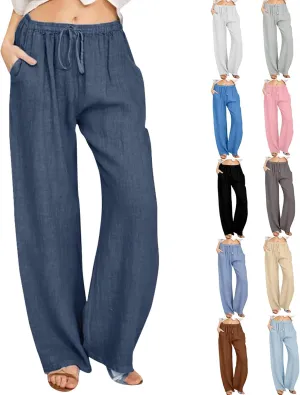 Summer Pants for Women Casual 2024 Summer Drawstring Elastic High Waist Linen Pant Straight Wide Leg Cropped Trousers