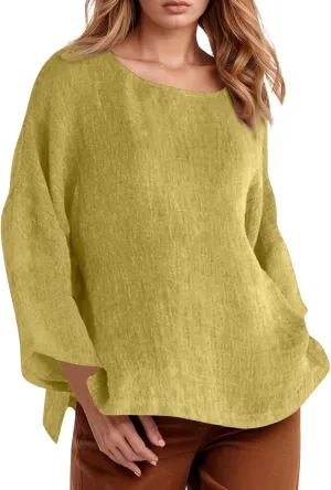 Summer Shirts for Women 2025 3/4 Length Sleeve Crew Neck Blouse Cotton Linen Shirts Casual Solid Color Basic Tops