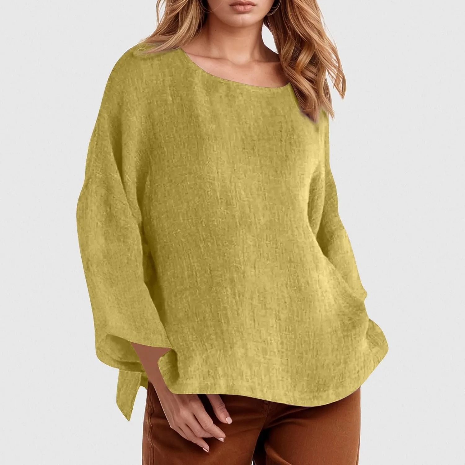 Summer Shirts for Women 2025 3/4 Length Sleeve Crew Neck Blouse Cotton Linen Shirts Casual Solid Color Basic Tops