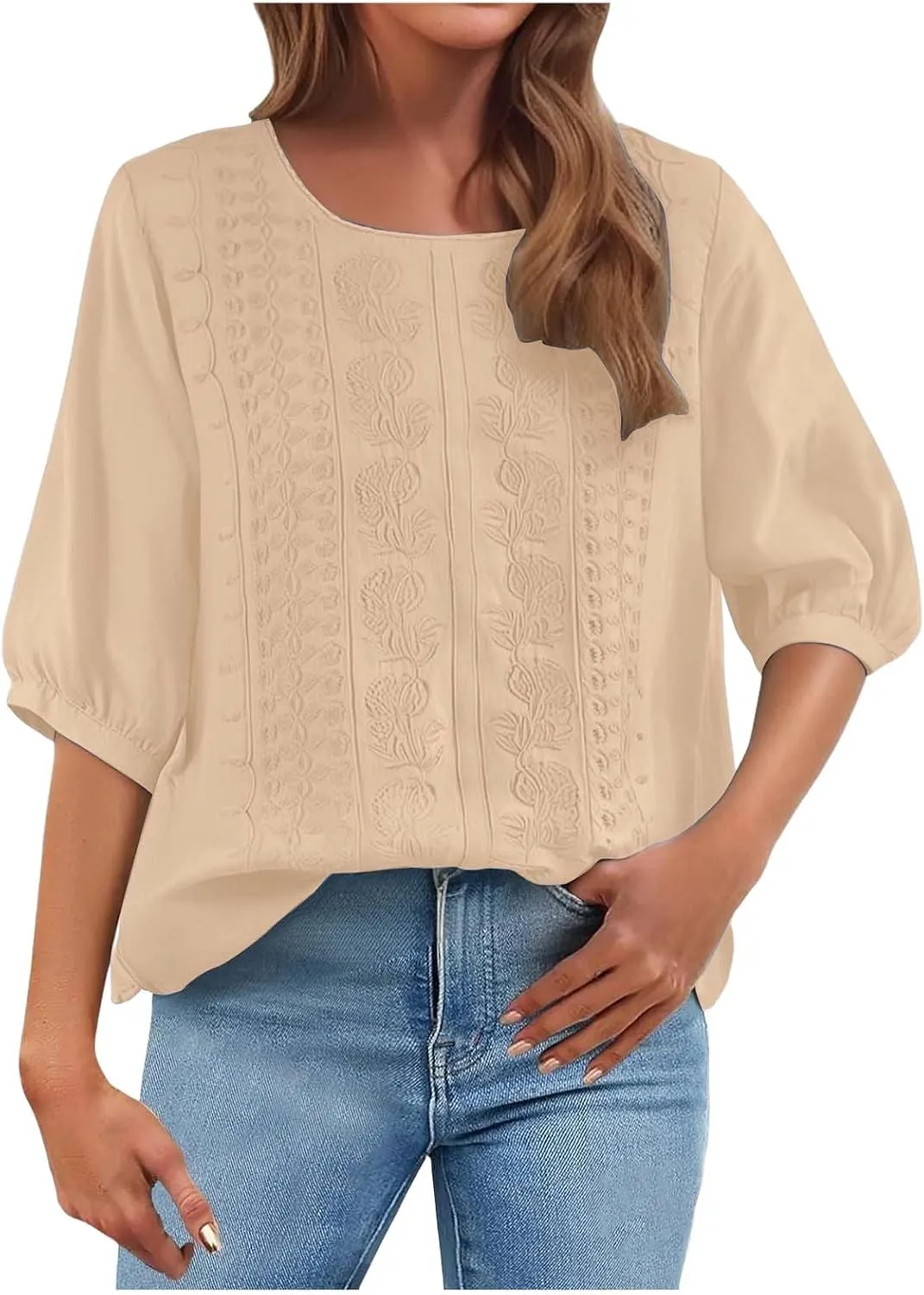 Summer Tops for Women 2025 Trendy V Neck Roll Up 3/4 Sleeve Lapel Blouse Tops Blouses Summer Plus Size Linen