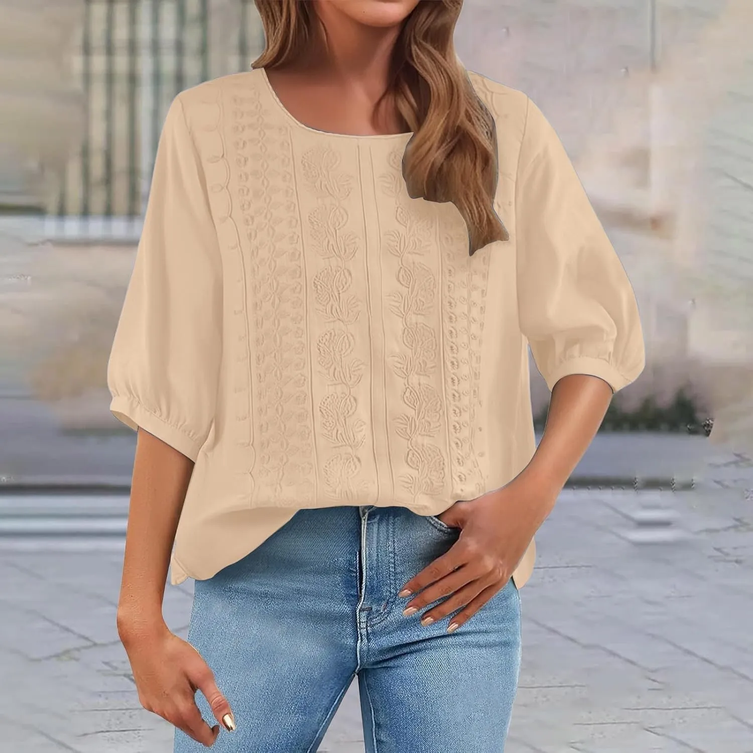 Summer Tops for Women 2025 Trendy V Neck Roll Up 3/4 Sleeve Lapel Blouse Tops Blouses Summer Plus Size Linen