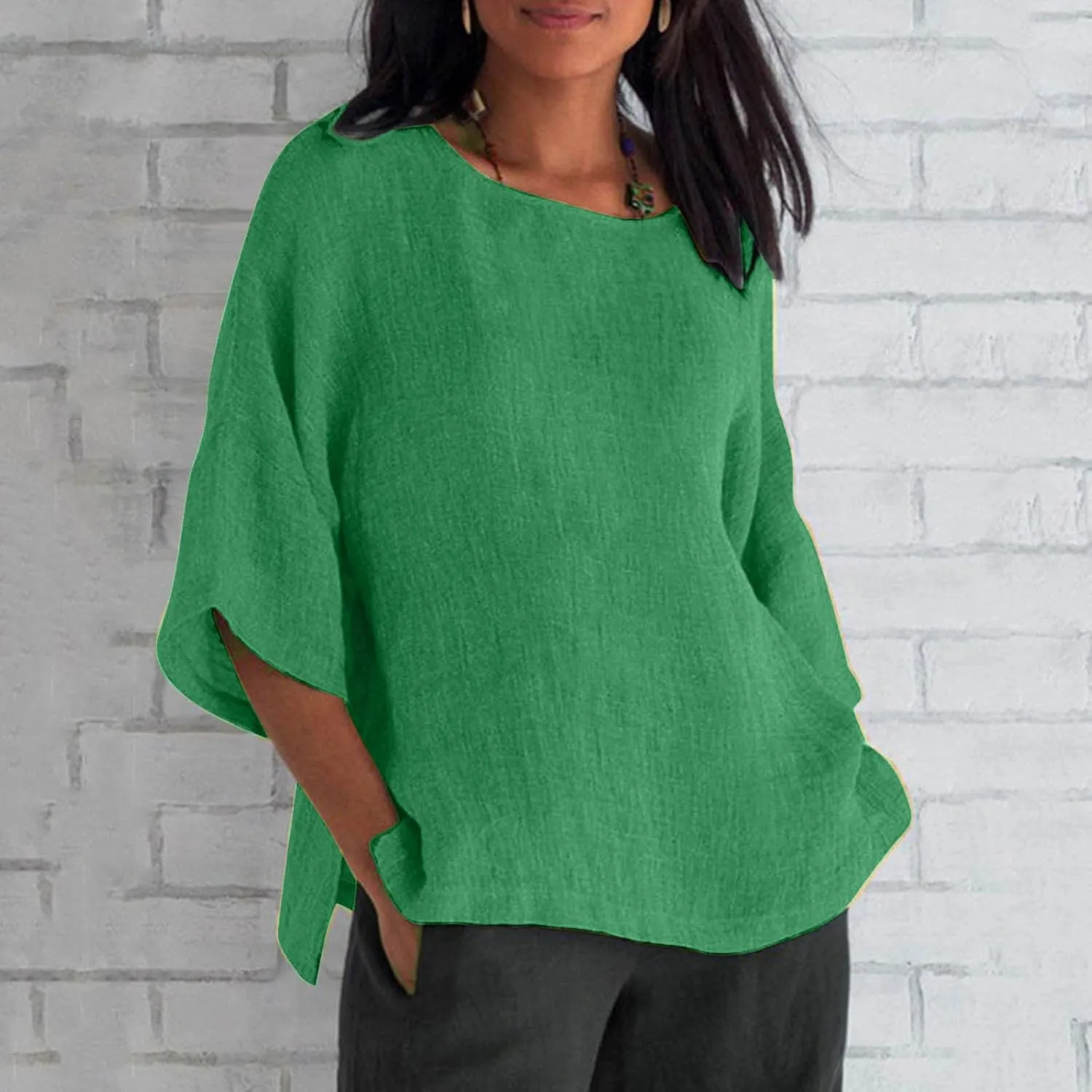 Summer Tops for Women Trendy Beach Plus Size 3/4 Sleeve Cotton Linen Shirts Blouse Crewneck Gauze Tops Casual Clothes