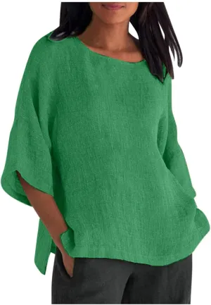Summer Tops for Women Trendy Beach Plus Size 3/4 Sleeve Cotton Linen Shirts Blouse Crewneck Gauze Tops Casual Clothes