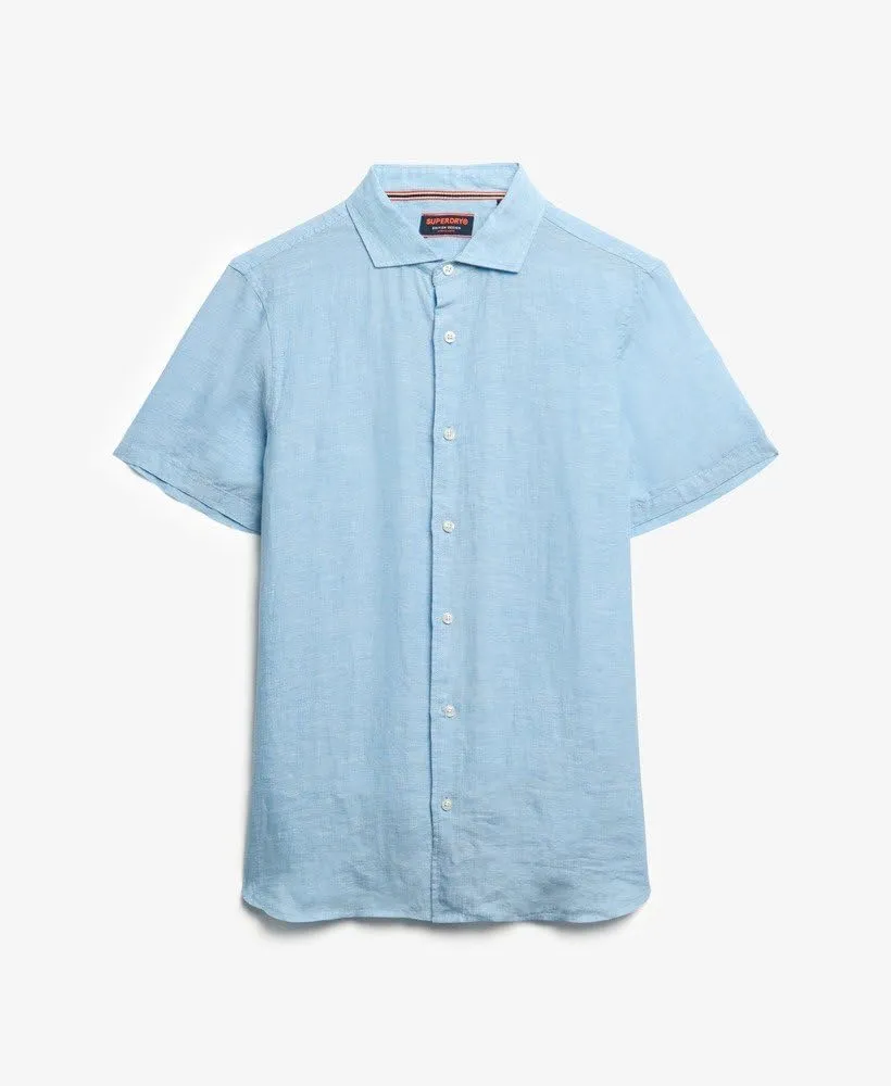 Superdry Men's Vacation Linen Short Sleeved Shirt, Sea Blue Chambray