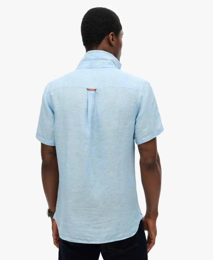 Superdry Men's Vacation Linen Short Sleeved Shirt, Sea Blue Chambray