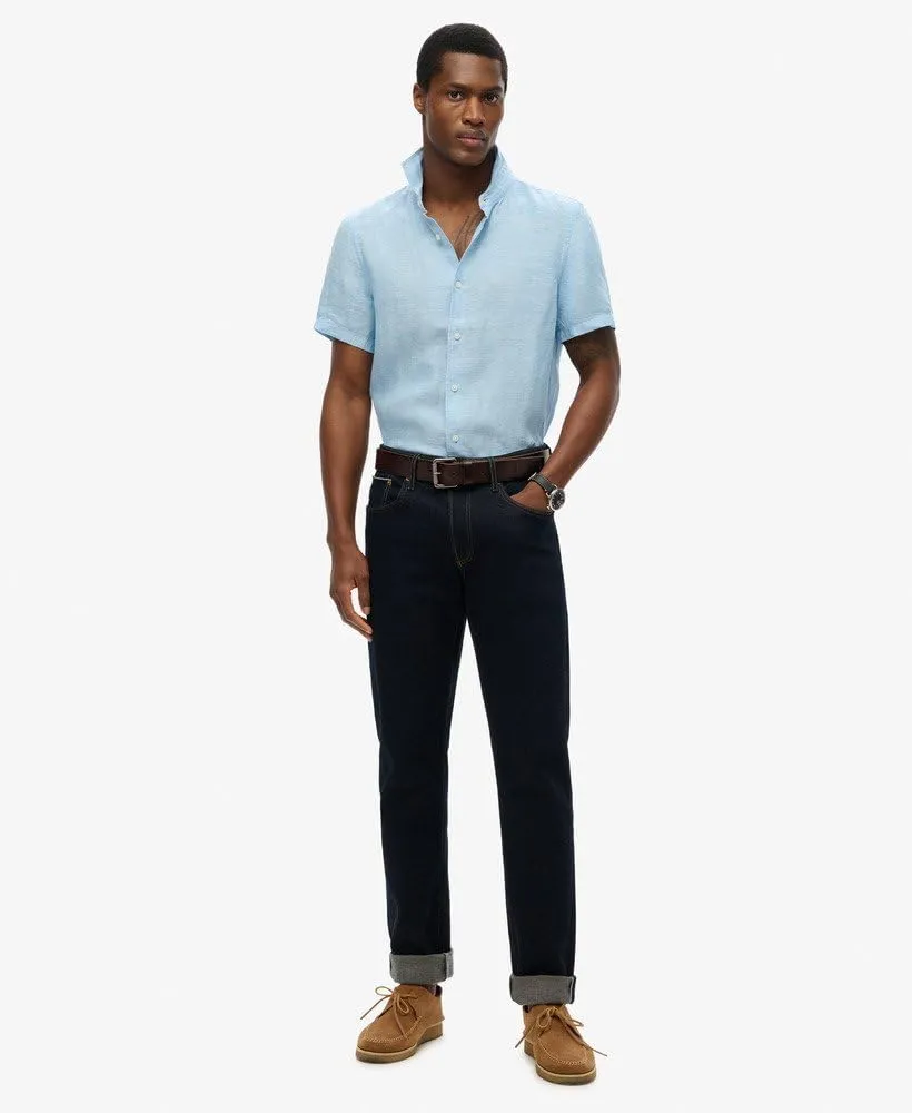 Superdry Men's Vacation Linen Short Sleeved Shirt, Sea Blue Chambray