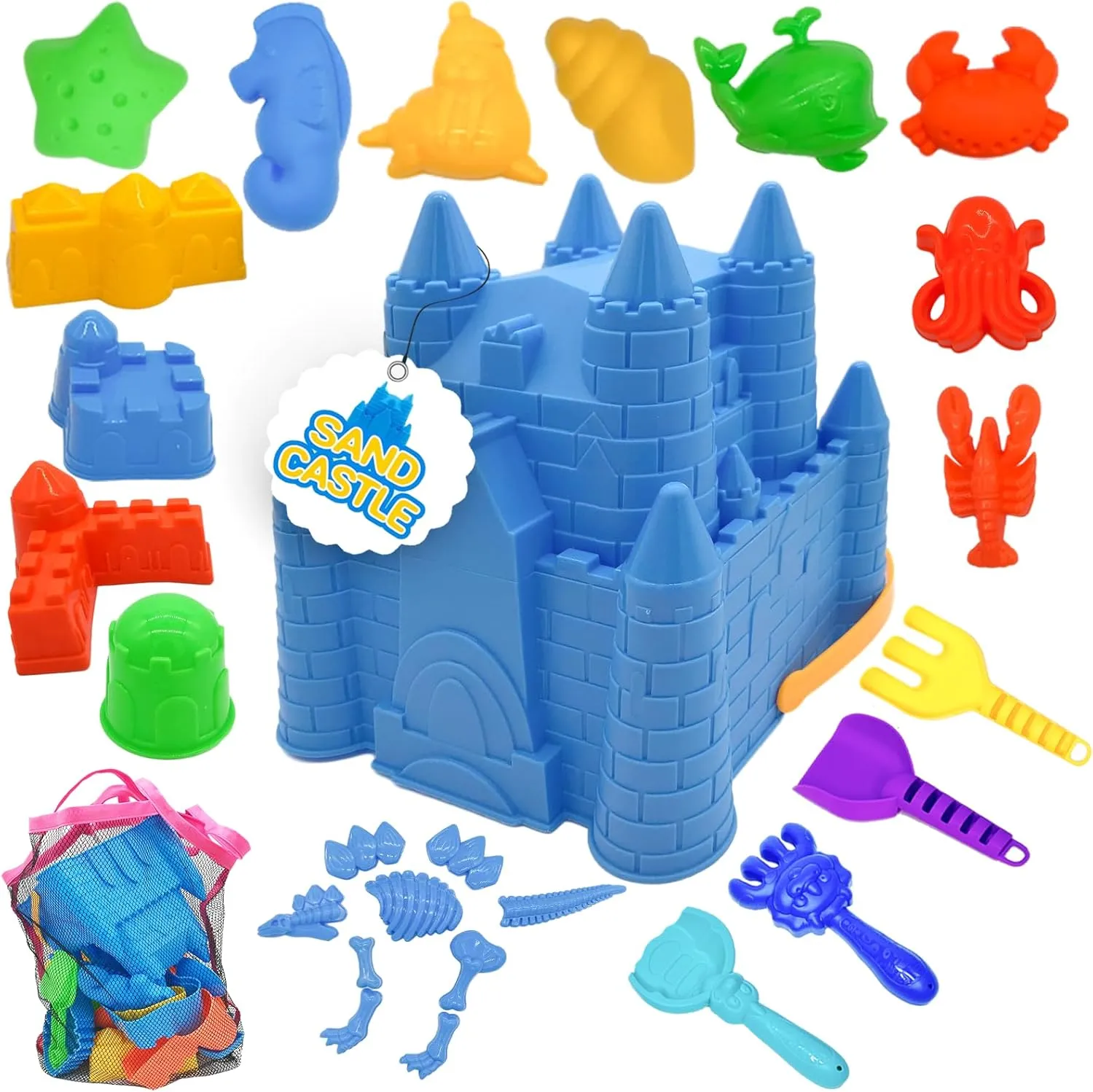 SupMLC Beach Toys for Kids Ages 4-8, Sand Toys for Toddlers with Sand Bucket, Mesh Bag, Sand Castle Building Kit Beach Tool Kit Sandbox Toys Toddler Outdoor Travel