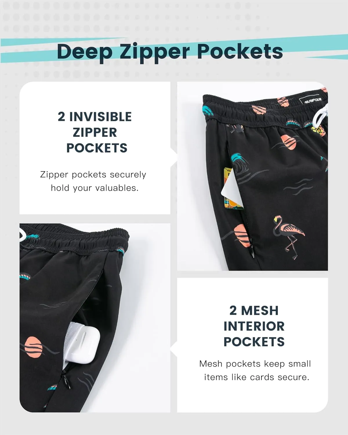 SURF CUZ Mens Swim Trunks with Compression Liner Quick Dry Swim Shorts Swimming Trunks 2 in 1 Bathing Suit Zipper Pockets