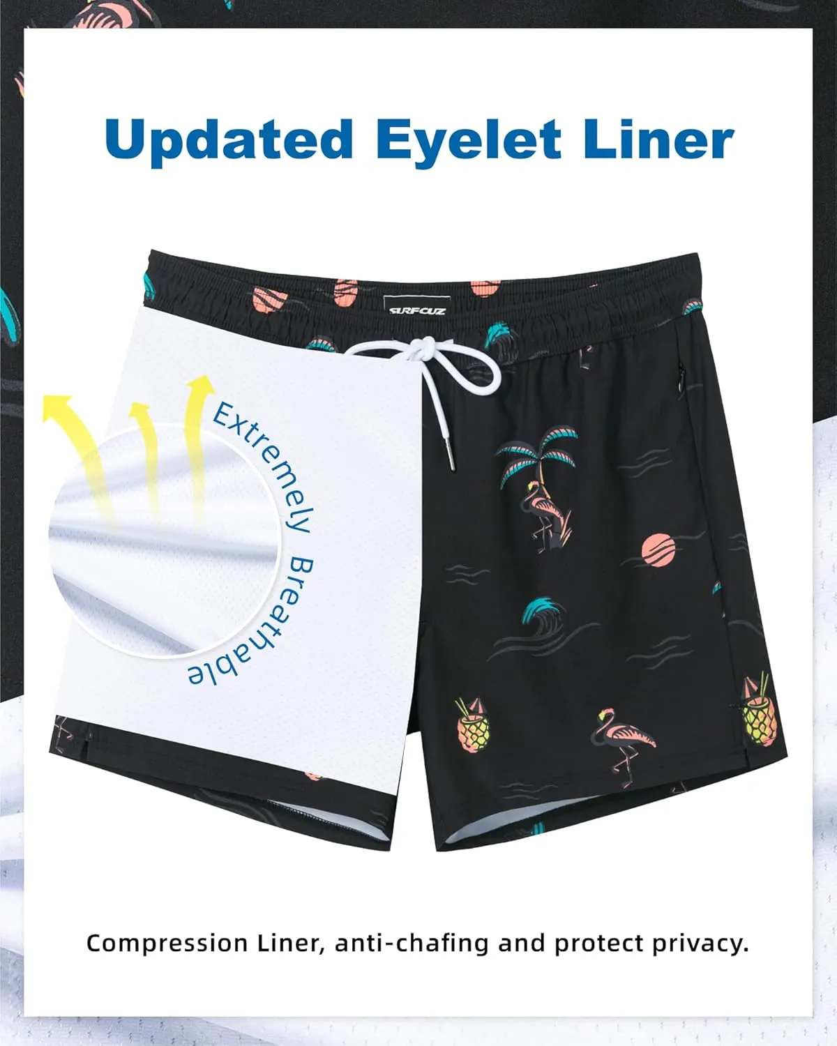 SURF CUZ Mens Swim Trunks with Compression Liner Quick Dry Swim Shorts Swimming Trunks 2 in 1 Bathing Suit Zipper Pockets