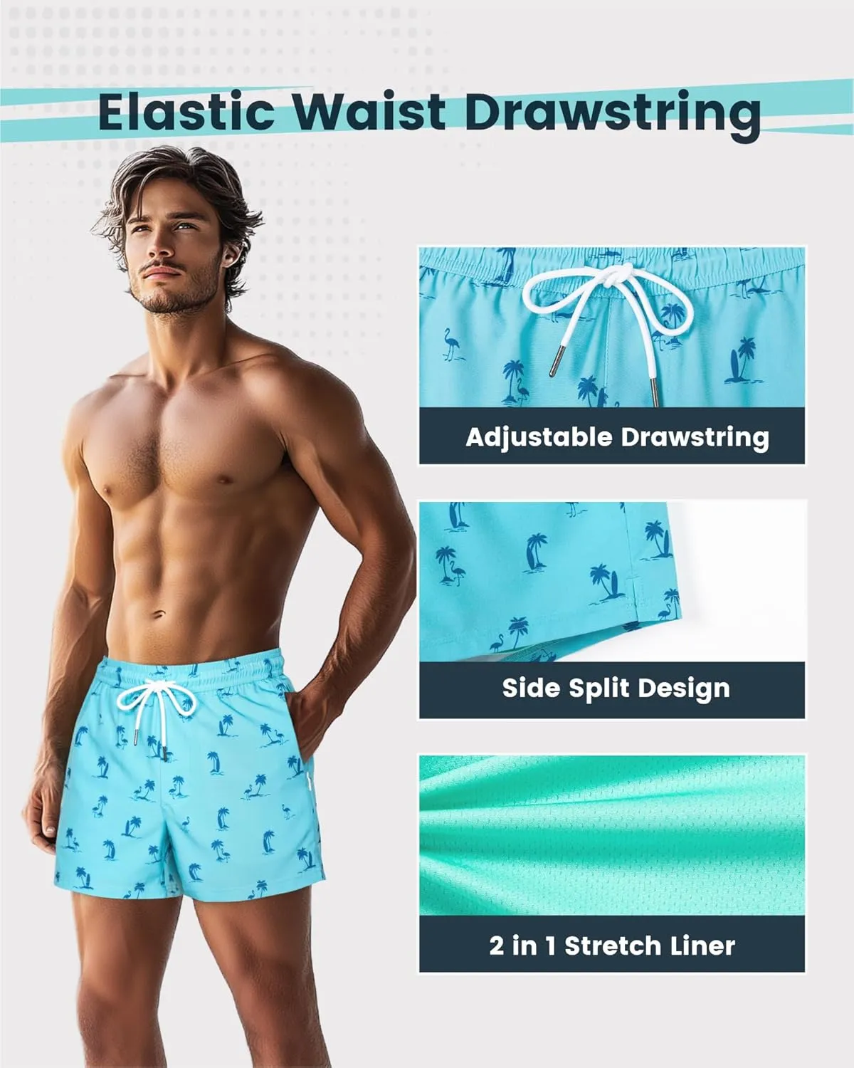 SURF CUZ Mens Swim Trunks with Compression Liner Quick Dry Swim Shorts Swimming Trunks 2 in 1 Bathing Suit Zipper Pockets