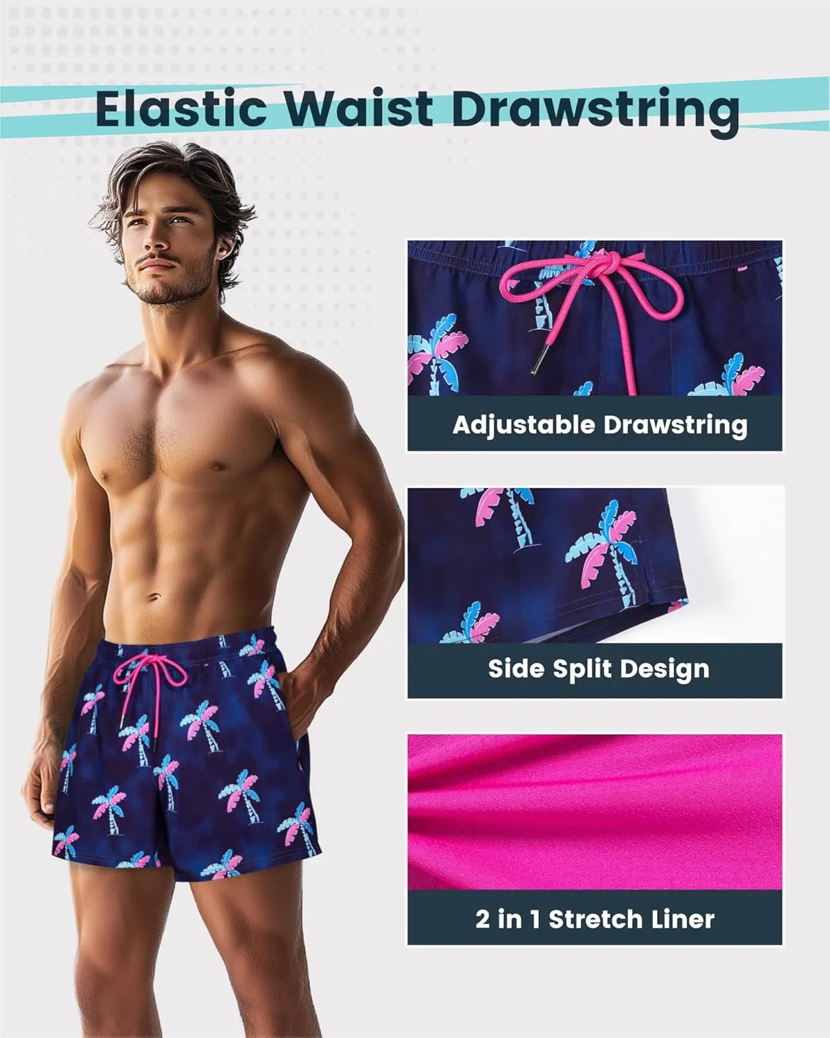 SURF CUZ Mens Swim Trunks with Compression Liner Quick Dry Swim Shorts Swimming Trunks 2 in 1 Bathing Suit Zipper Pockets