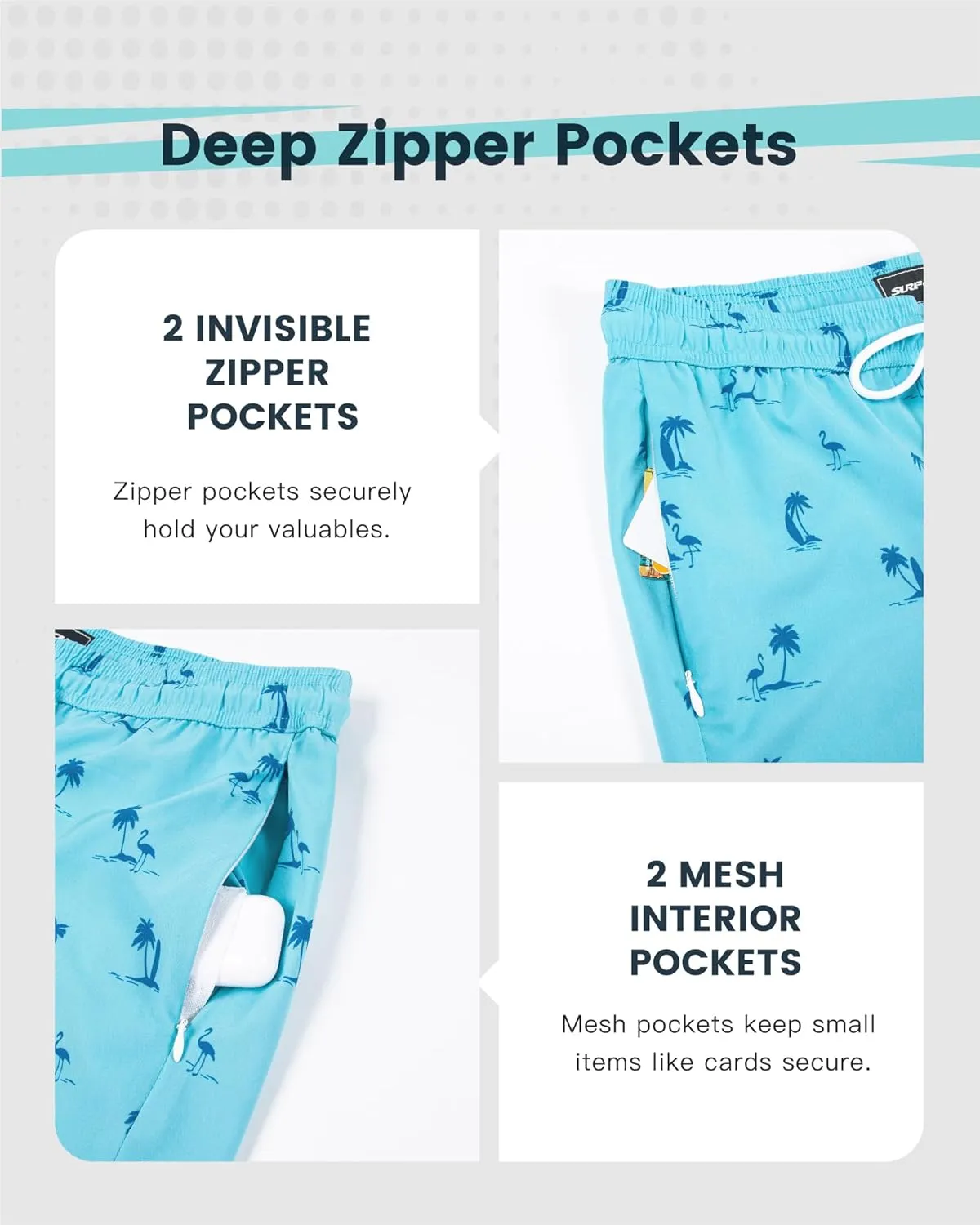 SURF CUZ Mens Swim Trunks with Compression Liner Quick Dry Swim Shorts Swimming Trunks 2 in 1 Bathing Suit Zipper Pockets