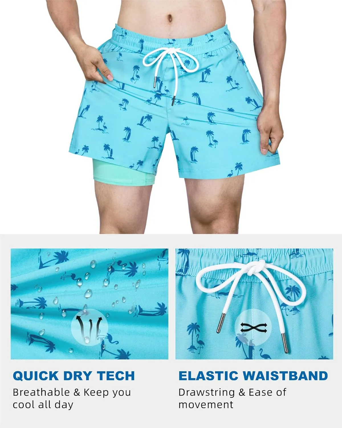 SURF CUZ Mens Swim Trunks with Compression Liner Quick Dry Swim Shorts Swimming Trunks 2 in 1 Bathing Suit Zipper Pockets