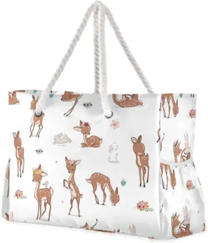 susiyo Beach Bag Little Deer Hare Beach Tote Bag Large Travel Tote Bag Waterproof Lightweight Shoulder Bag with Thick Cotton Rope for Gym Beach Travel Pool Yoga Baby Utility Bag