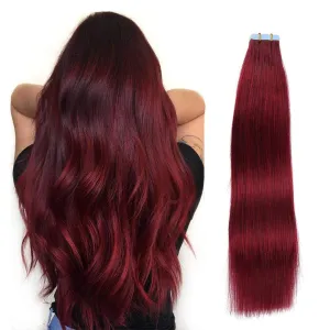 SUYYA Tape in Hair Extensions Human Hair Wine Red Color 100% Remy Human Hair 50g/pack 20pcs Straight Seamless Skin Weft Tape Hair Extensions 99j (24 inches #Burgundy)