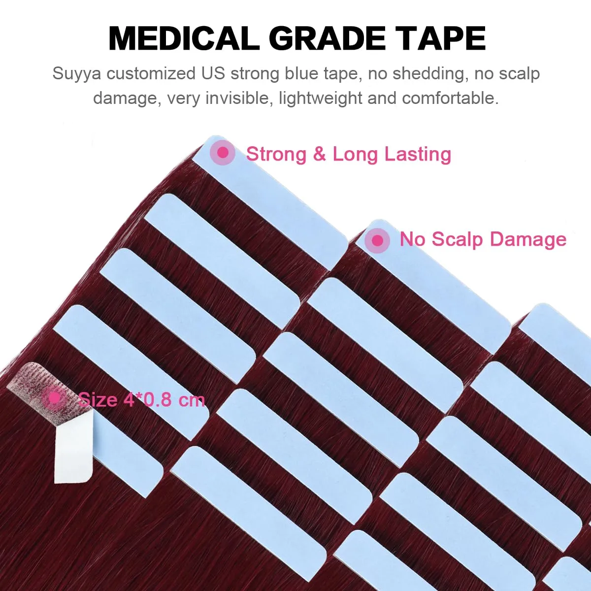 SUYYA Tape in Hair Extensions Human Hair Wine Red Color 100% Remy Human Hair 50g/pack 20pcs Straight Seamless Skin Weft Tape Hair Extensions 99j (24 inches #Burgundy)