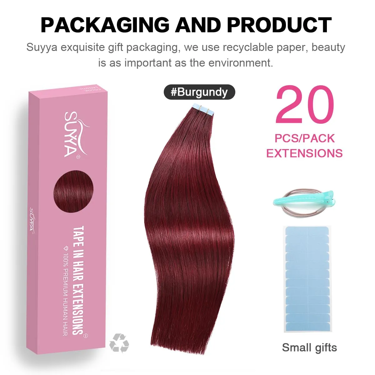 SUYYA Tape in Hair Extensions Human Hair Wine Red Color 100% Remy Human Hair 50g/pack 20pcs Straight Seamless Skin Weft Tape Hair Extensions 99j (24 inches #Burgundy)