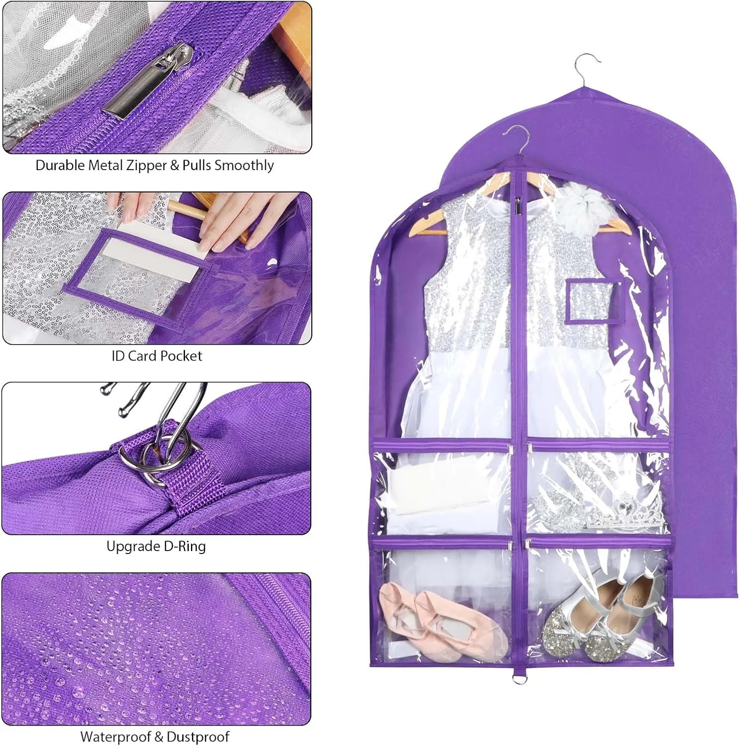 Syeeiex Clear Dance Costume Garment Bag with 3" Gussetes(5 Pack), 40'' Garment Bags for Dance Costumes, Kids Dance Garment Bag with 4 Medium Zippered Pocket - Suitable for Dance Competitions, Ballet