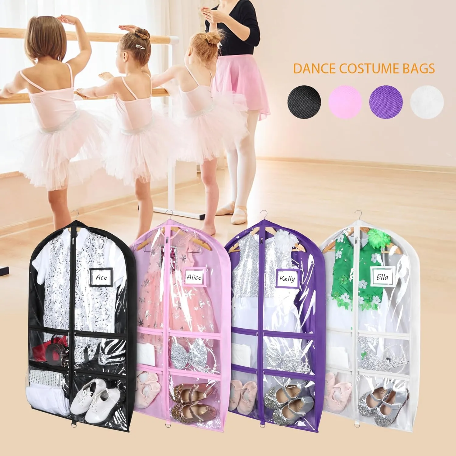 Syeeiex Clear Dance Costume Garment Bag with 3" Gussetes(5 Pack), 40'' Garment Bags for Dance Costumes, Kids Dance Garment Bag with 4 Medium Zippered Pocket - Suitable for Dance Competitions, Ballet