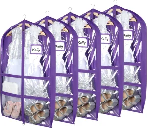 Syeeiex Clear Dance Costume Garment Bag with 3" Gussetes(5 Pack), 40'' Garment Bags for Dance Costumes, Kids Dance Garment Bag with 4 Medium Zippered Pocket - Suitable for Dance Competitions, Ballet