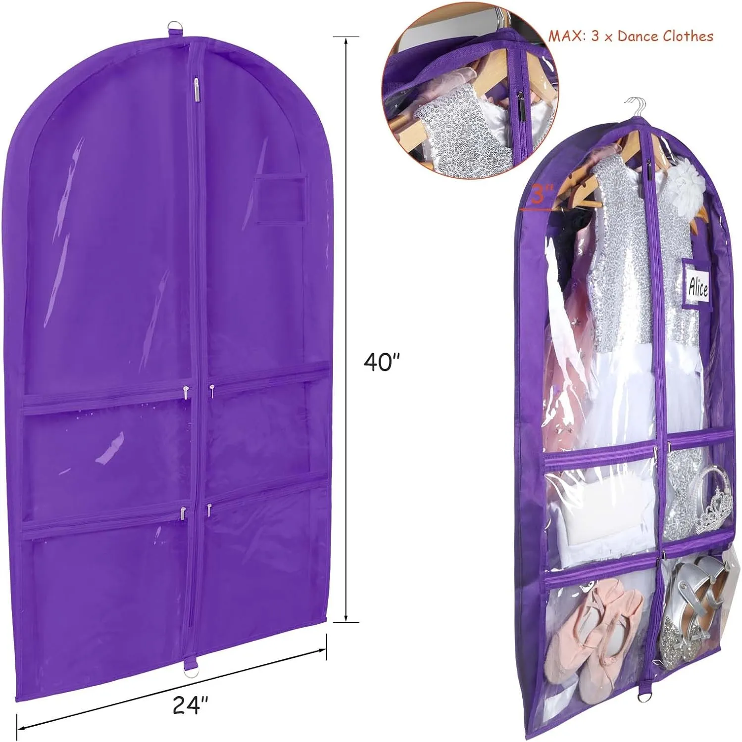Syeeiex Clear Dance Costume Garment Bag with 3" Gussetes(5 Pack), 40'' Garment Bags for Dance Costumes, Kids Dance Garment Bag with 4 Medium Zippered Pocket - Suitable for Dance Competitions, Ballet