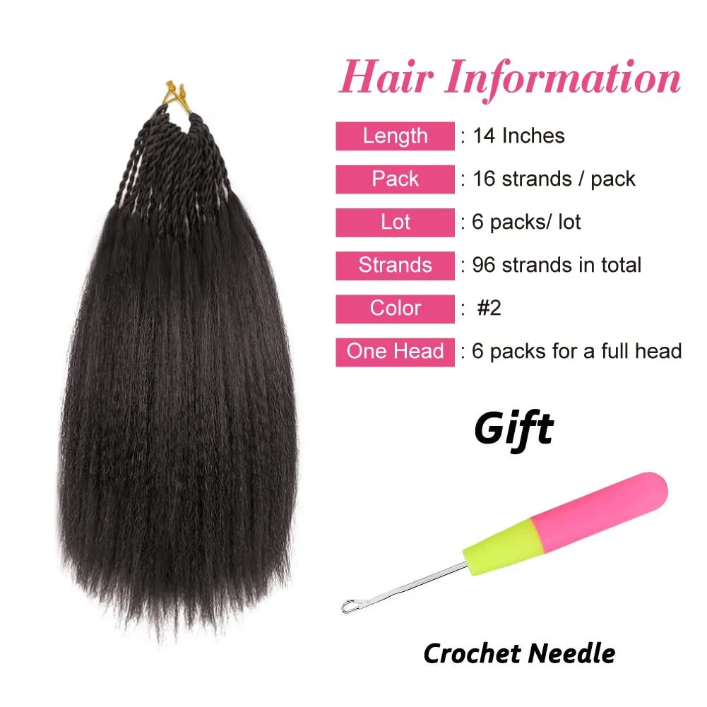 Synthetic Kinky Straight Crochet Braid Hair with Adjustable Pre-looped Yaki straight Crochet Braiding Hair Extension for Black Women 6 Packs 14 Inches 96 Roots 2# Natural Black