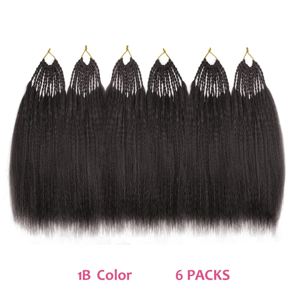 Synthetic Kinky Straight Crochet Braid Hair with Adjustable Pre-looped Yaki straight Crochet Braiding Hair Extension for Black Women 6 Packs 14 Inches 96 Roots 2# Natural Black