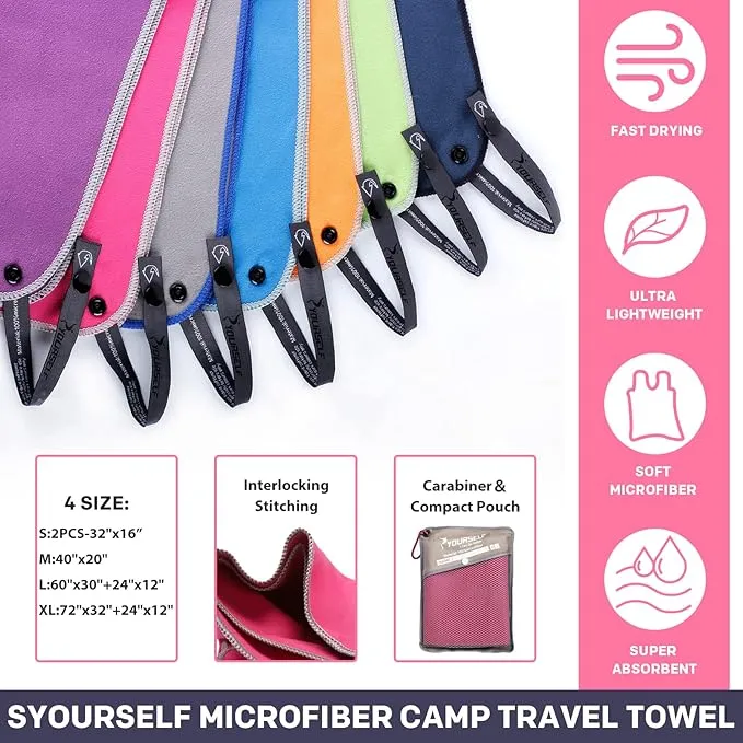 SYOURSELF 2 Pack Microfiber Camping Towel, Quick Dry Towel, Soft Absorbent Compact Travel Gym Workout Sweat Towel for Beach Yoga Swim Travel Camping Hiking Backpack Essentials (L:60"x30" 12"x24")