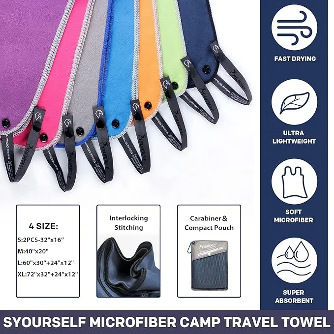 SYOURSELF 2 Pack Microfiber Camping Towel, Quick Dry Towel, Soft Absorbent Compact Travel Gym Workout Sweat Towel for Beach Yoga Swim Travel Camping Hiking Backpack Essentials (S:32"x16")