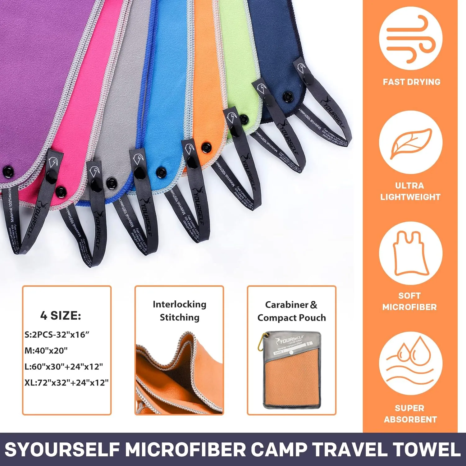 SYOURSELF 2 Pack Microfiber Camping Towel, Quick Dry Towel, Soft Absorbent Compact Travel Gym Workout Sweat Towel for Beach Yoga Swim Travel Camping Hiking Backpack Essentials (XL:72"x32" 12"x24")