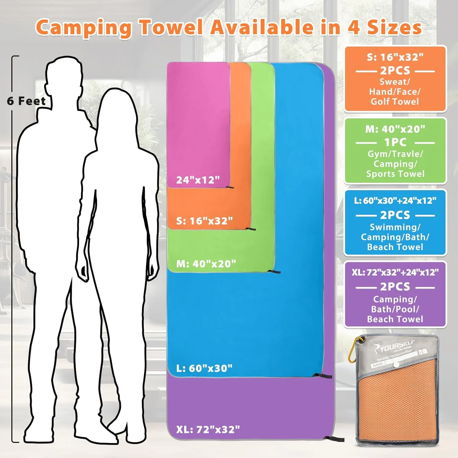 SYOURSELF 2 Pack Microfiber Camping Towel, Quick Dry Towel, Soft Absorbent Compact Travel Gym Workout Sweat Towel for Beach Yoga Swim Travel Camping Hiking Backpack Essentials (XL:72"x32" 12"x24")