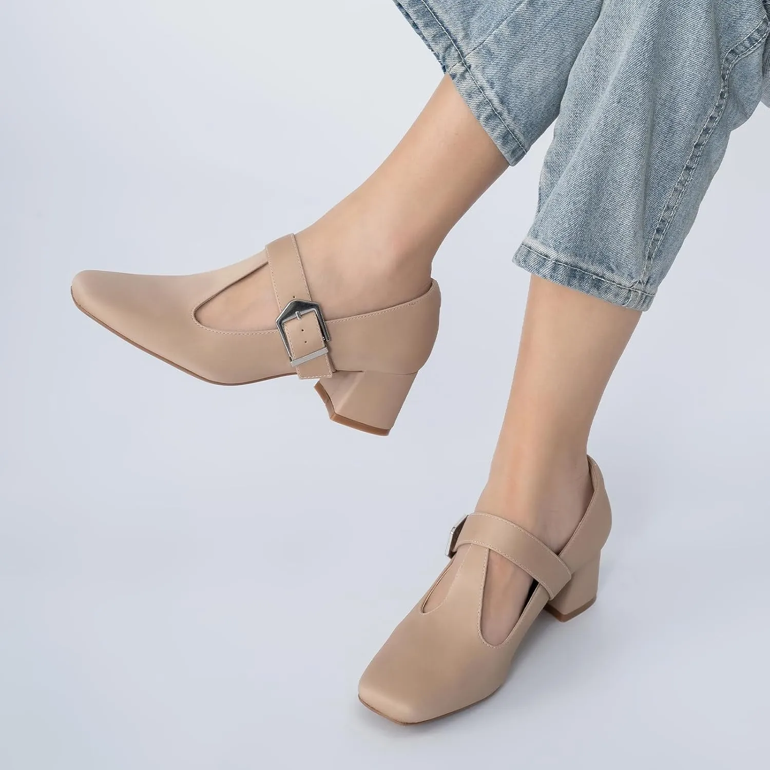T-Strap Mary Jane Pumps Square Closed Toe Block Chunky Heels Work Wedding Party Ladies Shoes