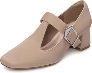T-Strap Mary Jane Pumps Square Closed Toe Block Chunky Heels Work Wedding Party Ladies Shoes