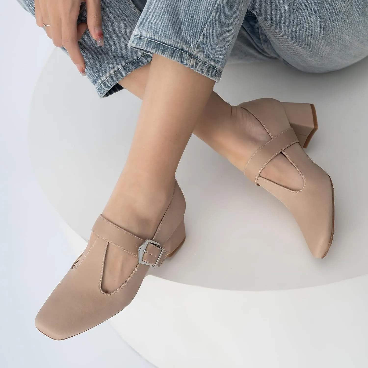 T-Strap Mary Jane Pumps Square Closed Toe Block Chunky Heels Work Wedding Party Ladies Shoes